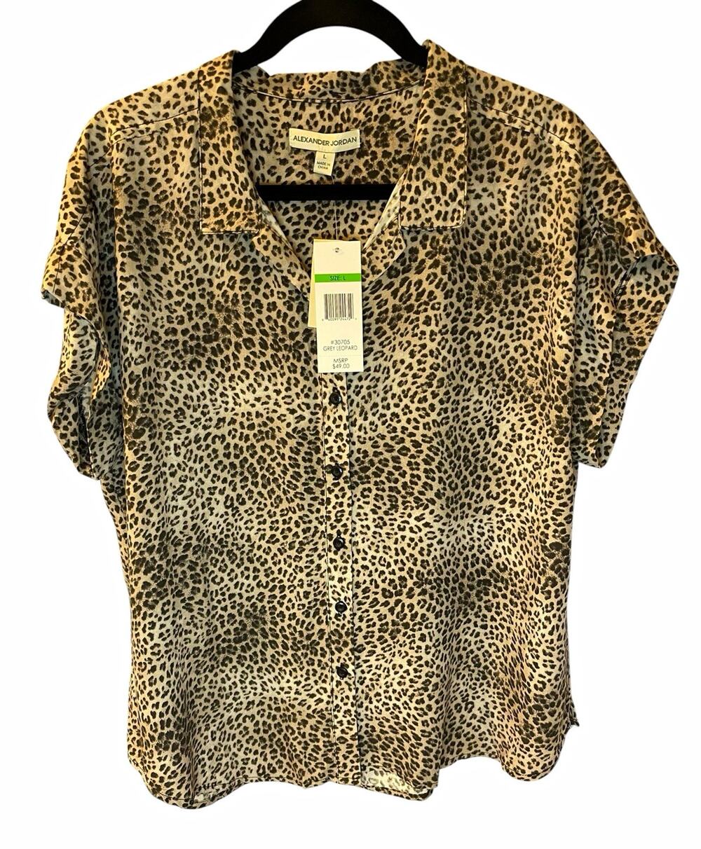 NWT Alexander Jordan Short Sleeve Leopard Print Collar Button-Up Rayon Blouse L